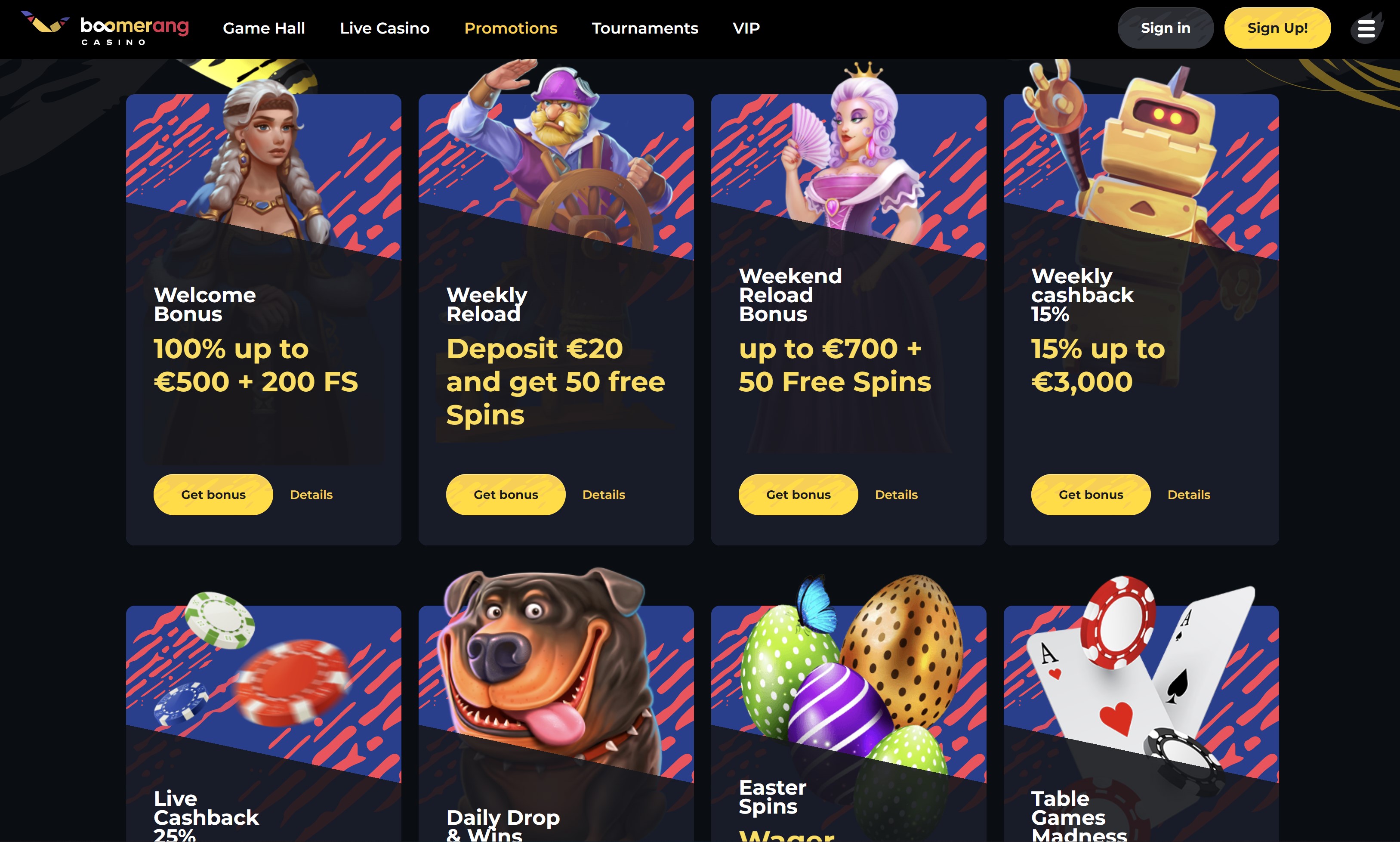 Casino website displaying various game types, including slots, table games, and live dealer options